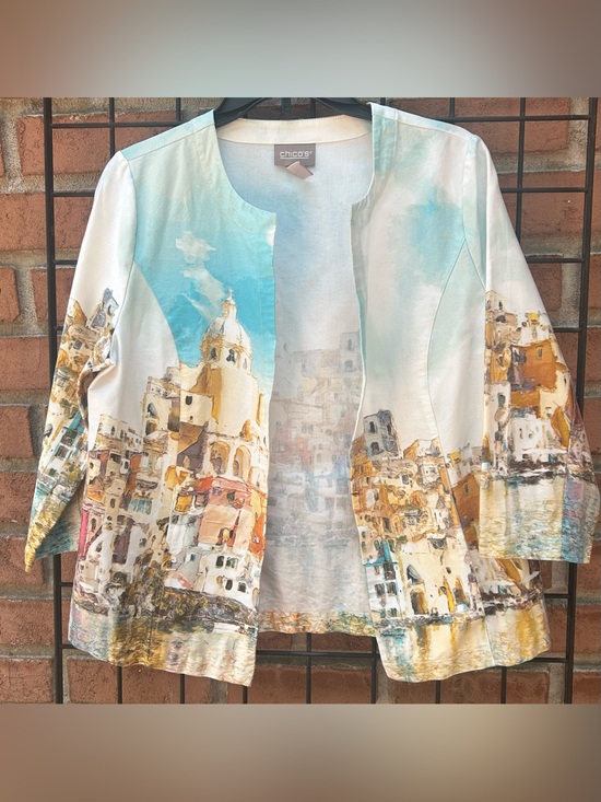 Chico's Jackets & Blazers - Chico's Scenic Watercolor Open-Front Jacket in Light Blue and Cream